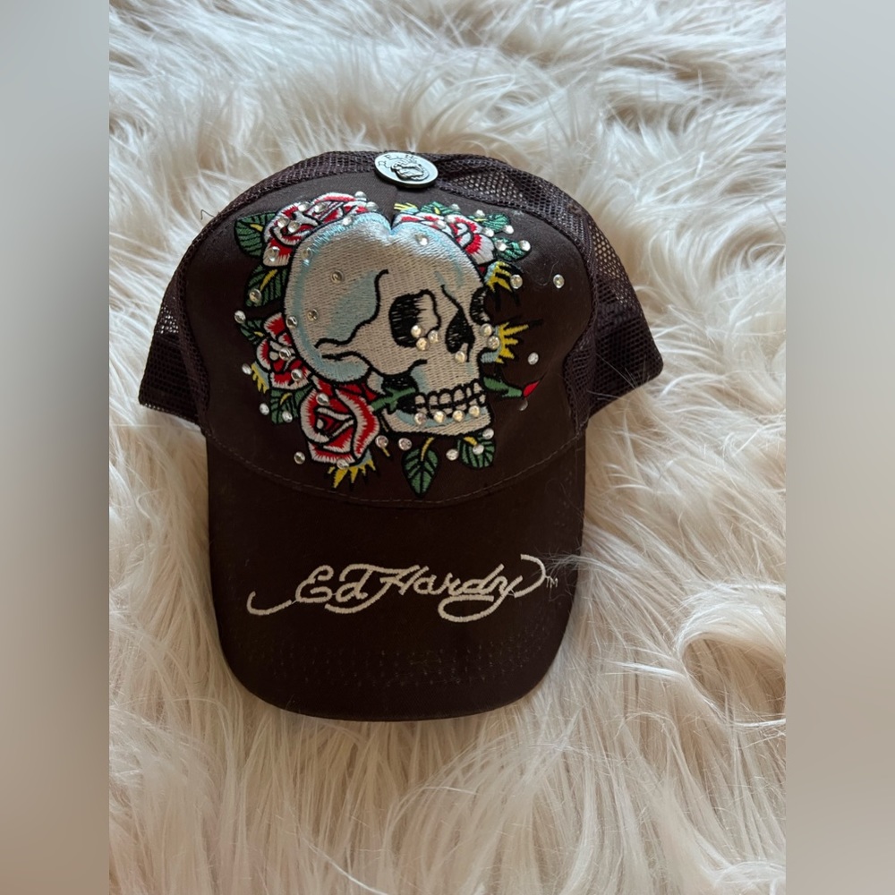 Don Ed Hardy Brown Skull Red Rose Adjustable Trucker Cap Hat Tattoo Wear